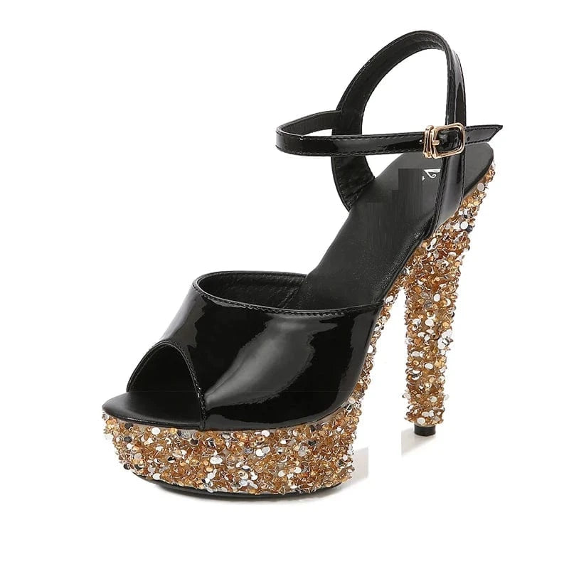 39 / Gold 15 cm Trendy Summer Shoes Women 13 CM Strippers Heels Glitter Platform Sandals Sexy Buckle Straps Pole Dance Shoes Women