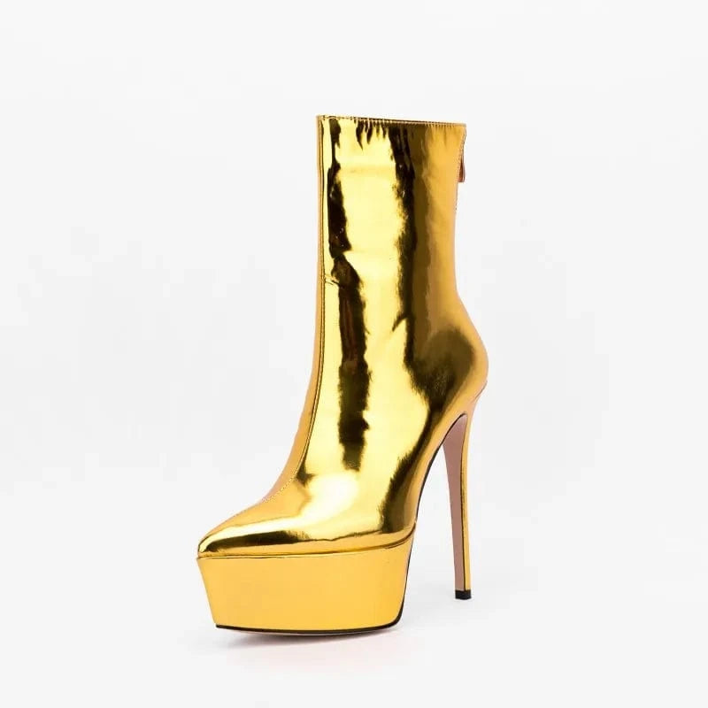 39 / Gold Banquet Botas Ladies Fall Winter High Heels Metallic Boots Women Thick Sole Back Zipper Pointy Toe Platform Heels Mid Calf Boots