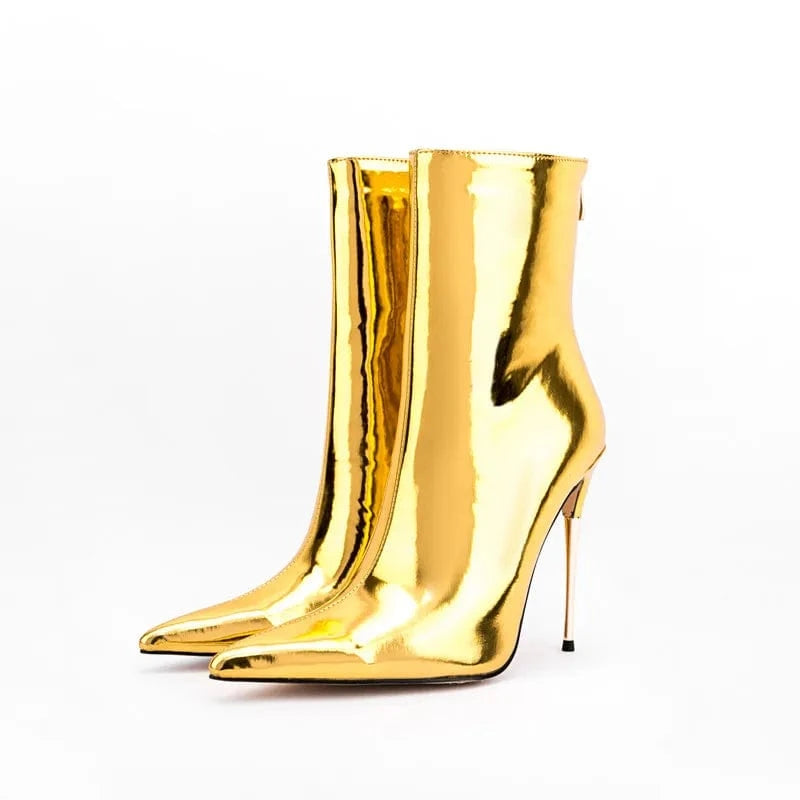 39 / Gold Bota Feminina 2022 Ladies Fashion Metallic Casual Shoes Women Mirror Leather Pointy Toe Stiletto Heels Short Boots Ankle Booties