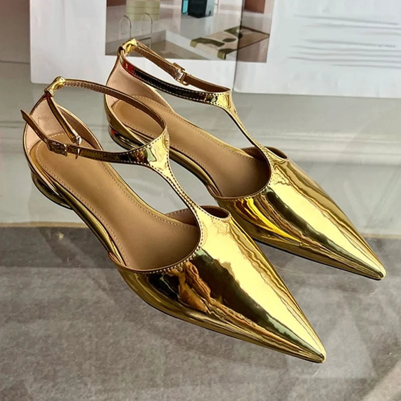 39 / Golden Patent Leather Fashion Women Strange Style Gold pointed T-Strap Hollow Sandals Low Heel Buckle Pumps NEW 2023 Summer Lady Shoes