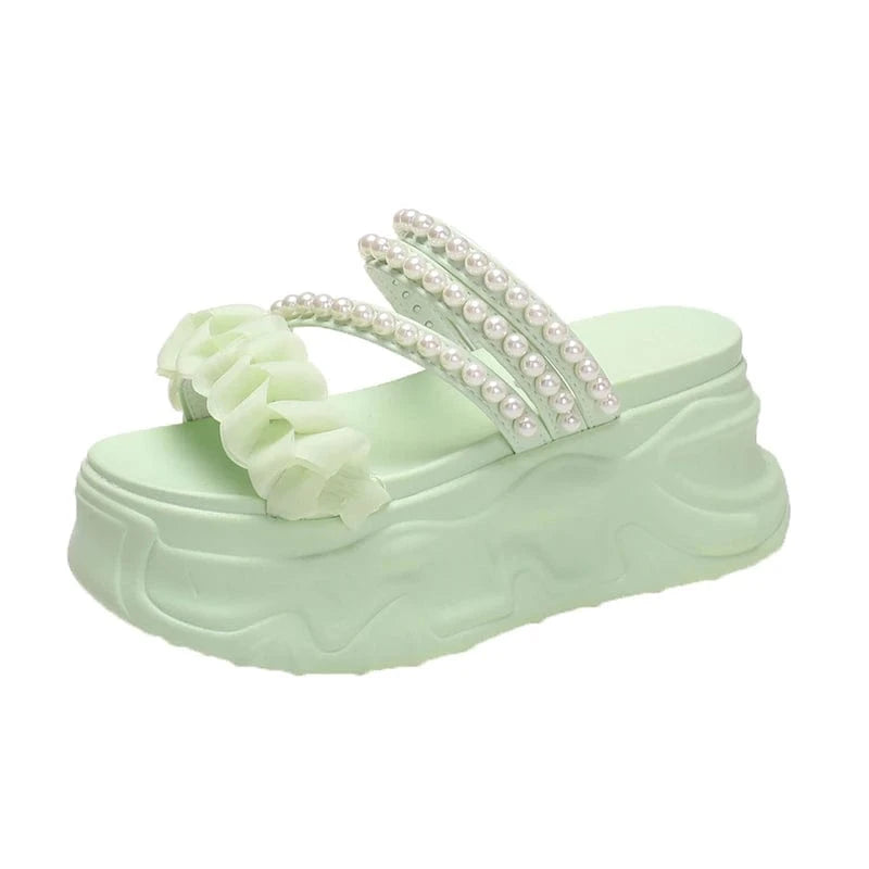 39 / Green Dropshipping Custom Logo 2024 Women's Fashion Bohemian Roman Pearl Platform Sandals with EVA and PU Insoles