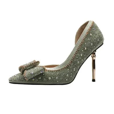 39 / Green Shoes Diamond Edge High-heeled Shoes Ladies Silver Thin Heels 9.5cm Fashion Women Shoe Pointed Toe Luxury Pumps Women