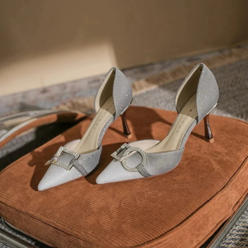 39 / Grey 8cm` Gradient high heeled women's 2023 new rhinestone sequin shallow tube pointed thin heel hollow sandals