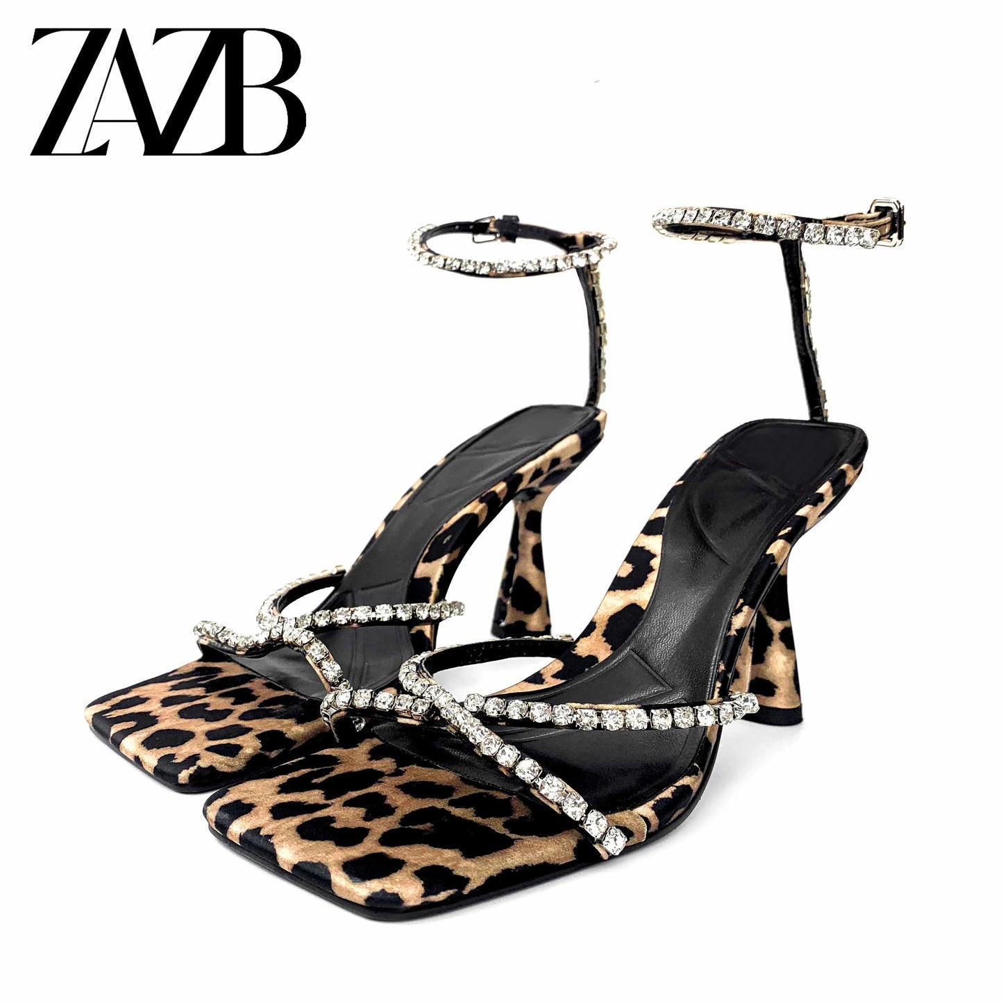 39 / Leopard Print Square head Rhinestone Leopard Print Luxury for ladies high heel shoes women sandal party Pumps sexy stiletto fashion heels