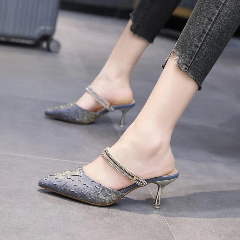 39 / light blue French rhinestone slippers one word with stiletto pointed toe shoes women 2022 spring and summer new high-heeled sandals