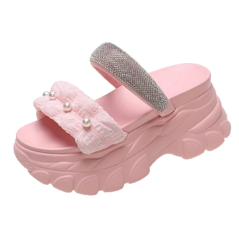 39 / Pink Dropshipping Custom Logo Pearl Design Women's Wedges Sandals Casual Comfortable Chunky Platform Slides Slippers
