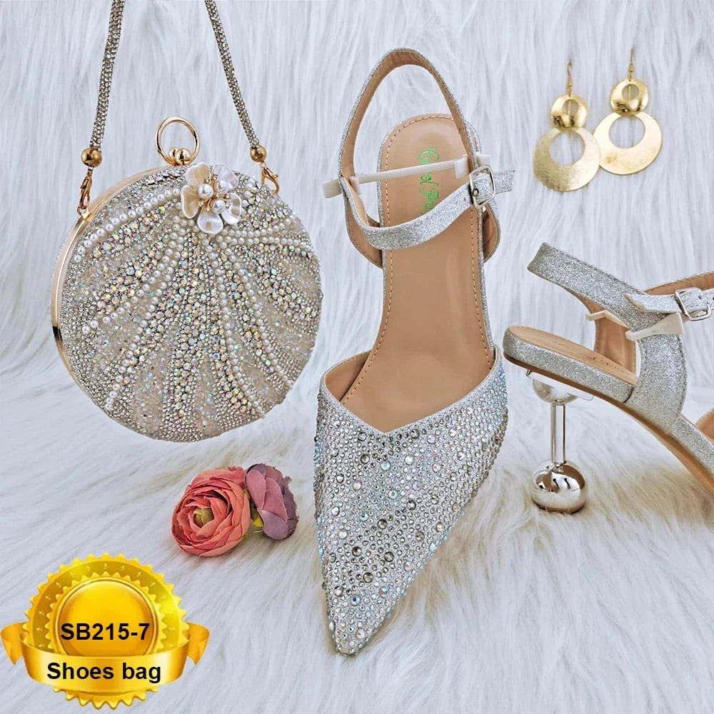 39 / SB215-7 SB215 Pu Italian Shoes Matching Bag Set Beautiful Stones Shoes Bag Evening Bags