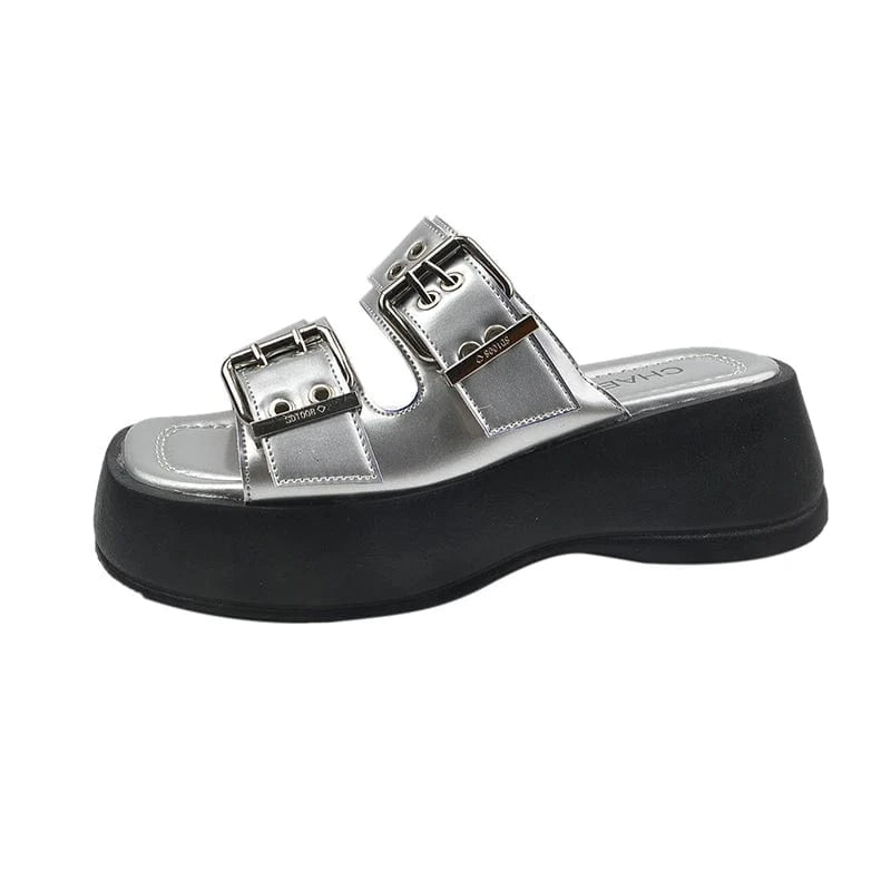 39 / silver Dropshipping Custom Logo Chunky Platform Metal Buckle Ladies Designer Slippers Y2K style Slides Slippers for Women