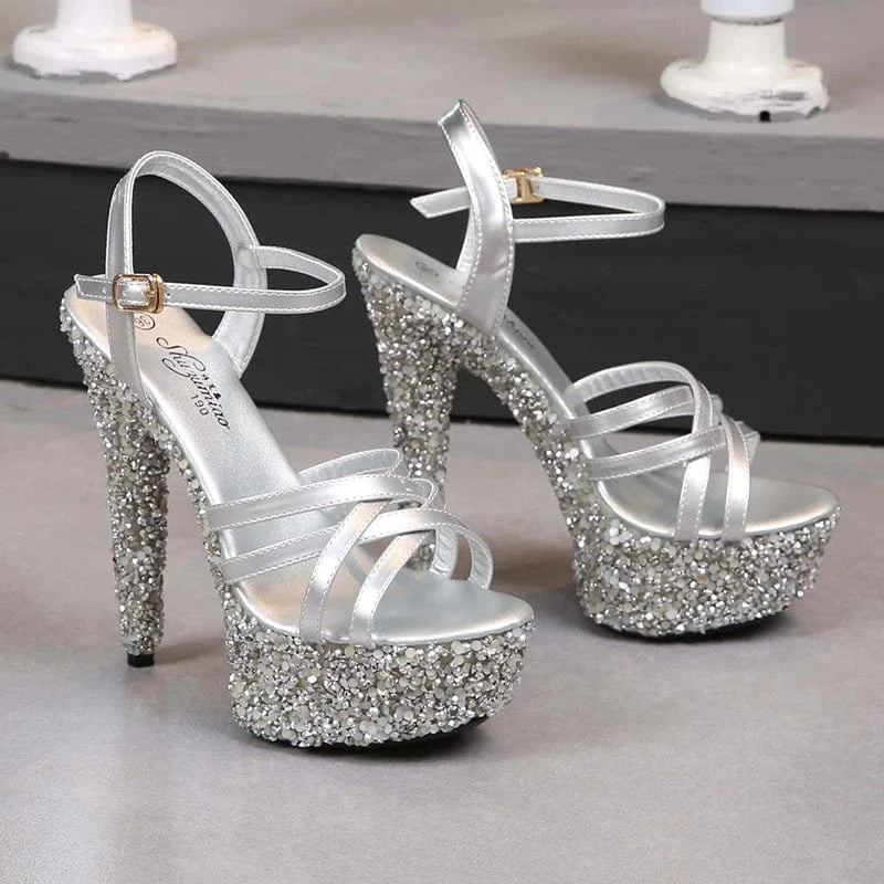 39 / silver High quality Diamond Platform Women Sandals Cross Strap High Heel Stripper Pole Dance shoes women Heel sandals