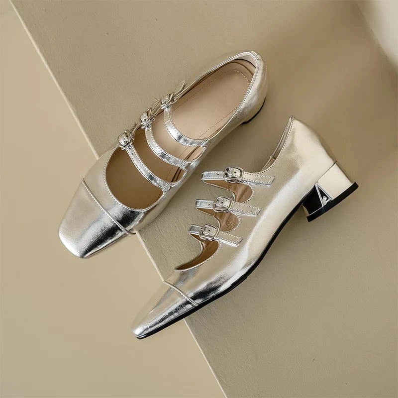 39 / sliver Ubililia Customized genuine leather new silver three strap shallow square round toe single shoes for women mid block heels pumps