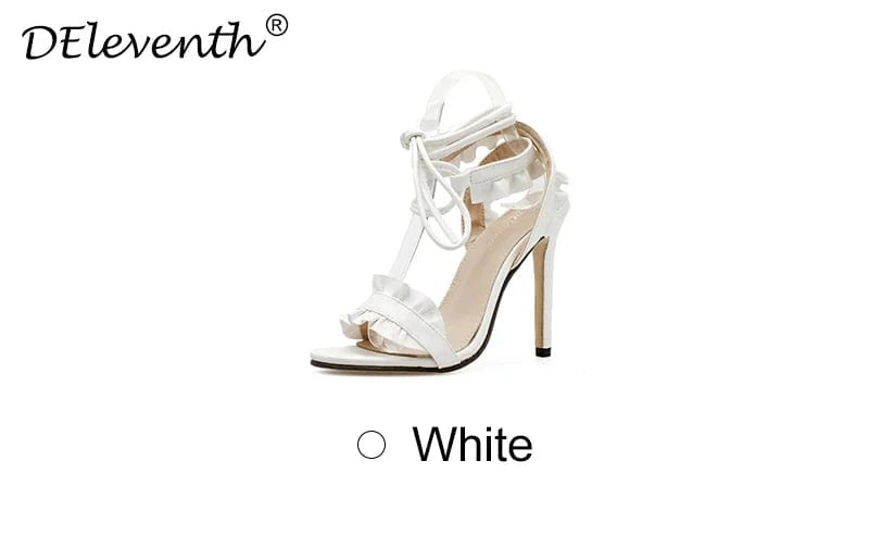 39 / White BUSY GIRL Heeled Sandals For Women White Ruffled Edge High Heels for Ladies customized LOGO Lace up Heels Shoes Women sandals