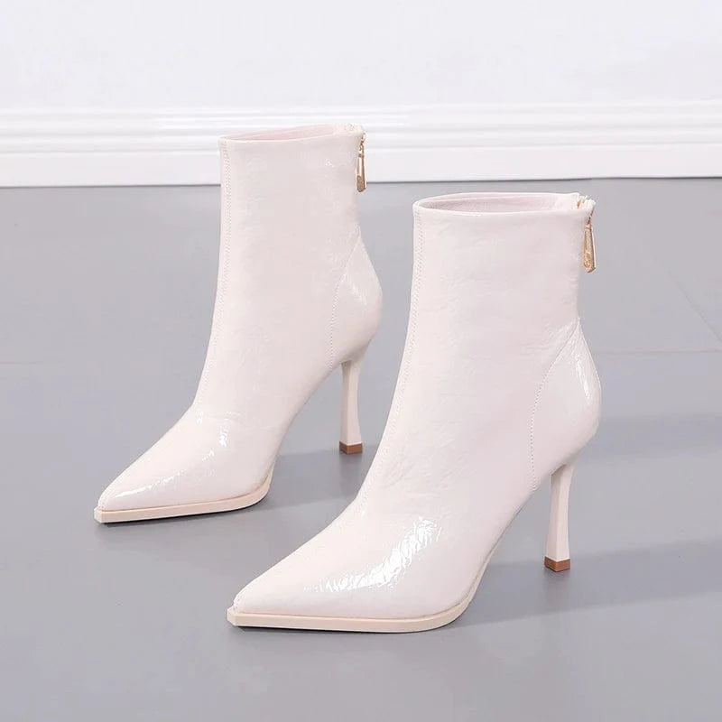 39 / White Net red versatile thin heel pointed middle boots autumn 2022 new black high heel short boots Martin boots