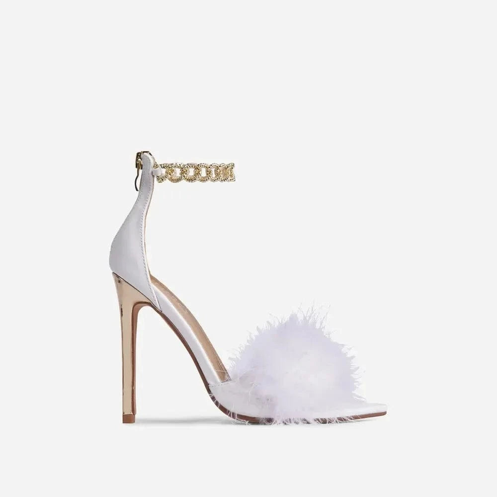 39 / White New design Feather Women's high heel Sandals dress wedding metal chain shoes parliament formal dancing party slide for ladies