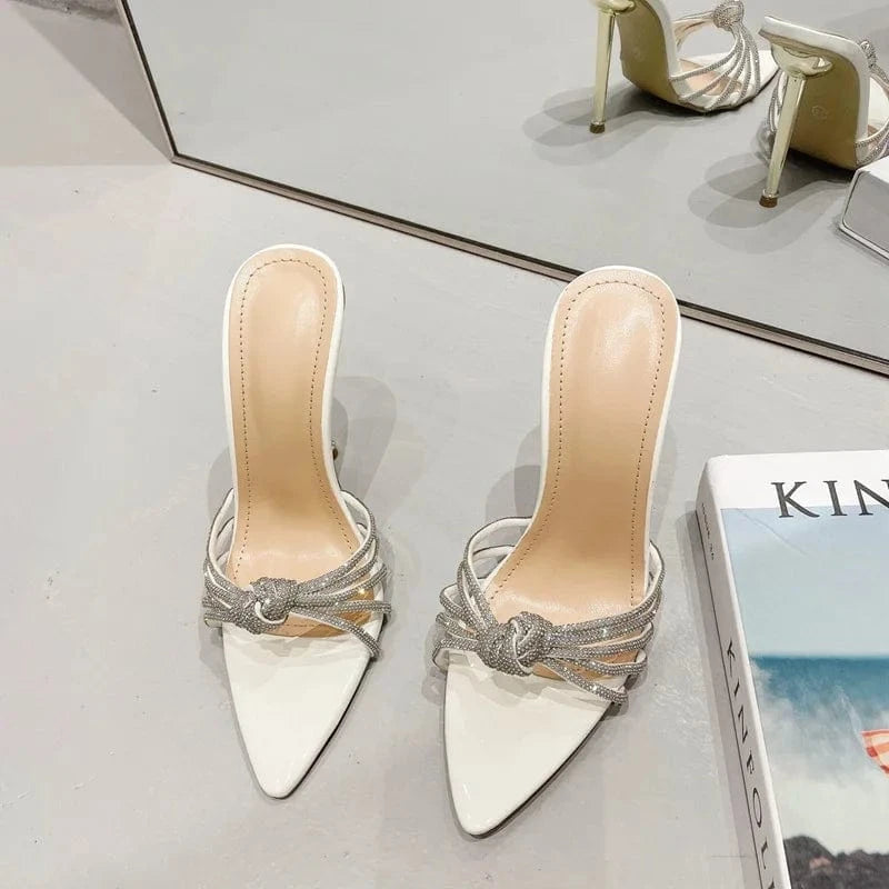 39 / White PDEP rhinestone  ladies thin stiletto Heels 2023 Summer New cross Diamond Fashion pointed toe High Heels  Slippers for women