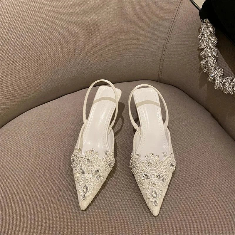 39 / White Women's shoes factory rhinestone crown flower head mid-heel stiletto women's single shoes women's slippers