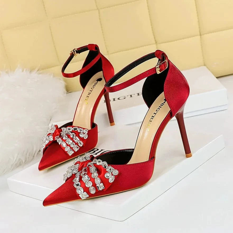 39 / Wine Red Summer Sandals Women Luxury Silk Satin Rhinestone Bowknot Buckle Shoes Pointed-toe Wrap-toe High Heels Sandals For Ladies Dating