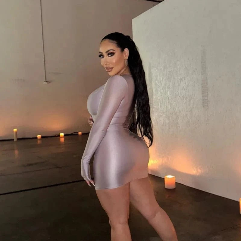 39033 Low Collar Wrap Dress Party Night Club Long Sleeve Solid Color Dresses Boutique