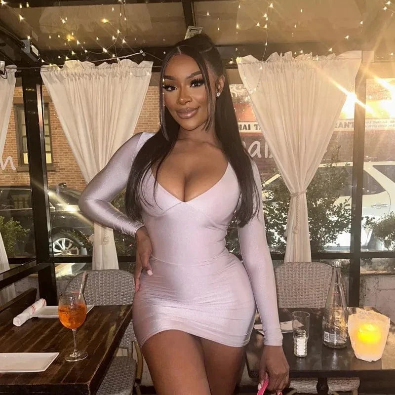 39033 Low Collar Wrap Dress Party Night Club Long Sleeve Solid Color Dresses Boutique