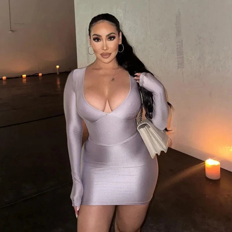 39033 Low Collar Wrap Dress Party Night Club Long Sleeve Solid Color Dresses Boutique