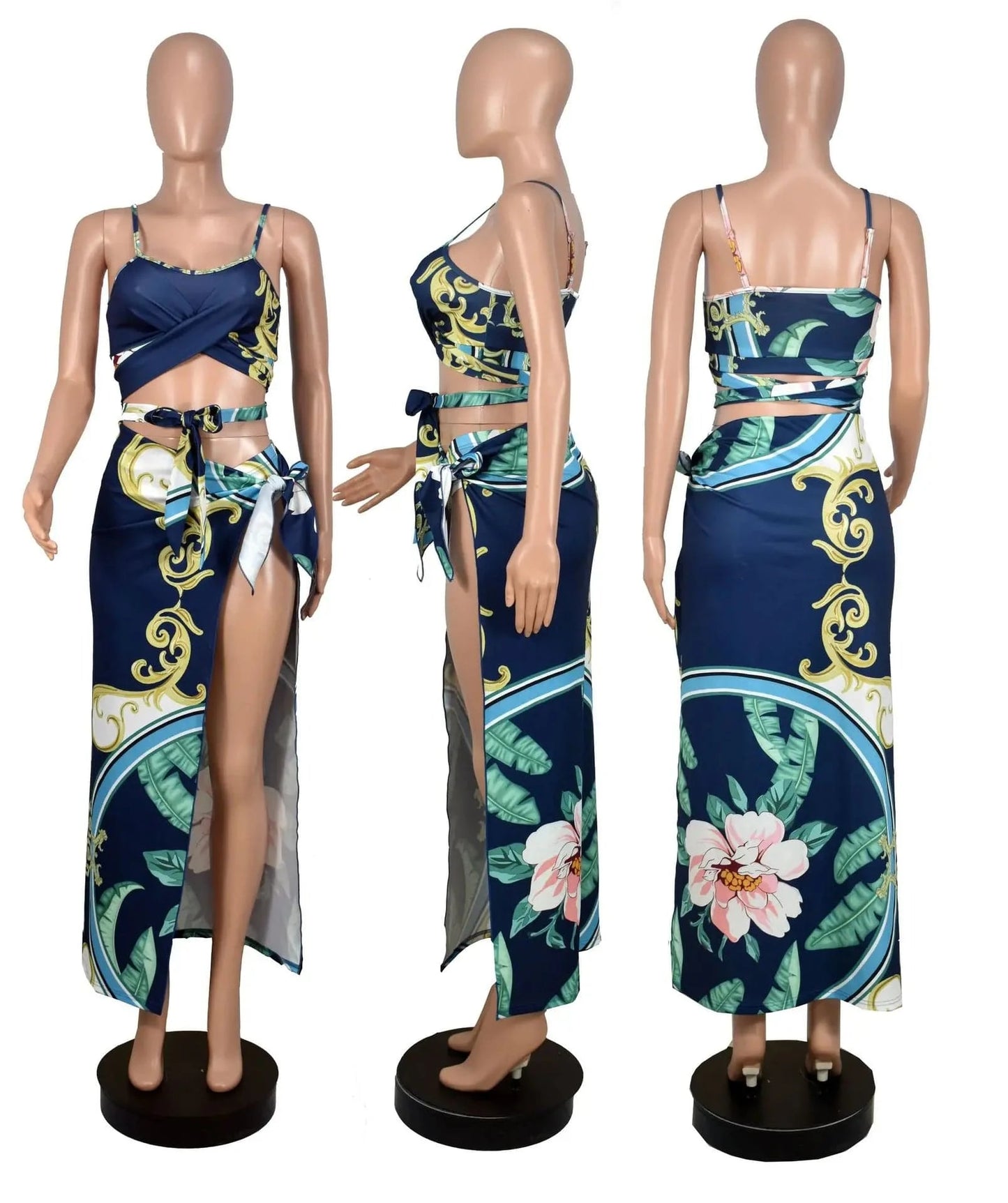 3pcs bikini set floral bikini ve swimwear & beachwear latest sleeveless maxi skirt sarongs beachwear pareo floral printed