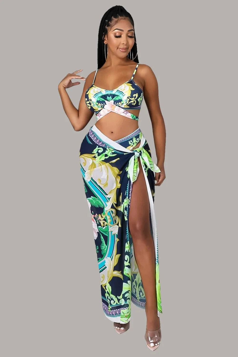 3pcs bikini set floral bikini ve swimwear & beachwear latest sleeveless maxi skirt sarongs beachwear pareo floral printed