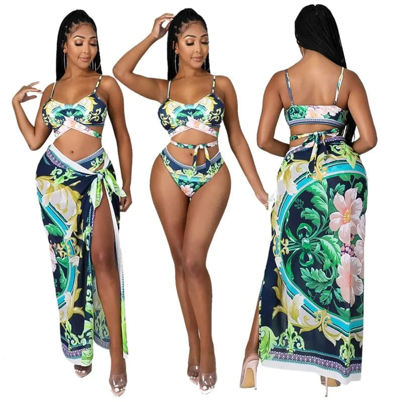 3pcs bikini set floral bikini ve swimwear & beachwear latest sleeveless maxi skirt sarongs beachwear pareo floral printed