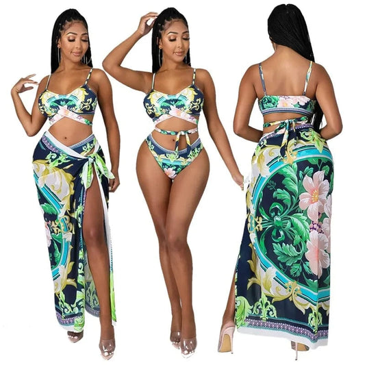 3pcs bikini set floral bikini ve swimwear & beachwear latest sleeveless maxi skirt sarongs beachwear pareo floral printed
