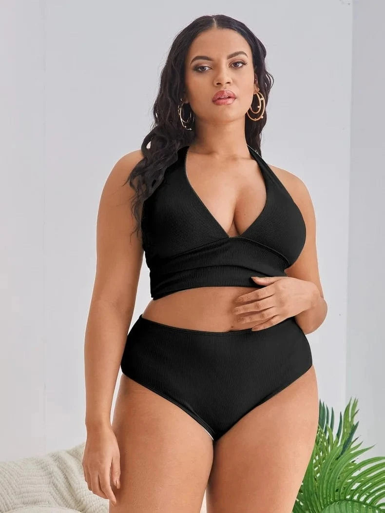 3XL / Black DAMOCHIC Big Bust Swimwear Sets Halter Neck Plus Size Women Swimsuit Solid Color Support Large Breast Bikinis High Waist 2023