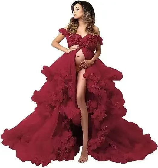 3XL / Rose Madder 2024 new arrival Tiered Ruffle Photography Off Shoulder Maternity Pregnancy Dress Women Fluffy Tulle Dresses for Baby Shower