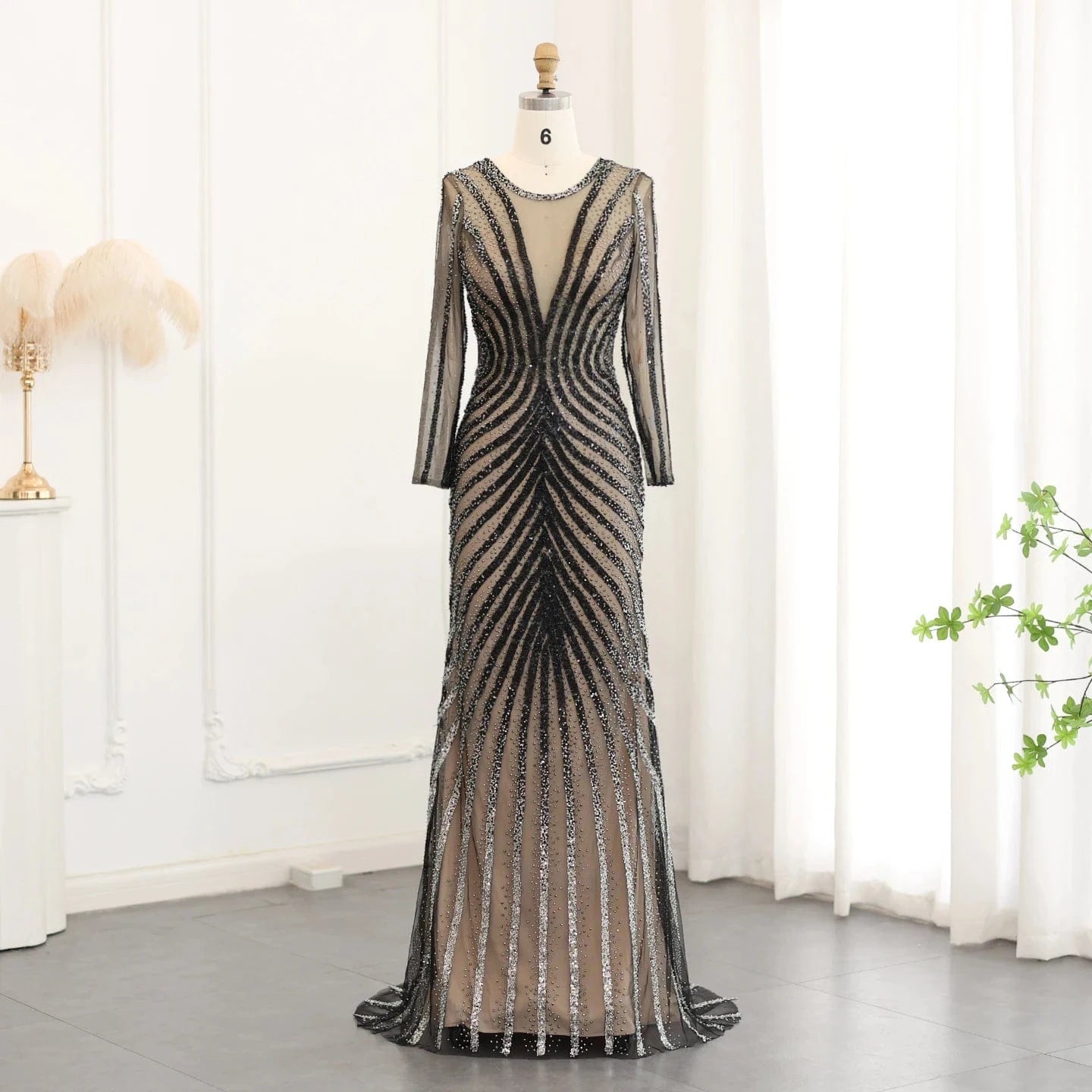 4 / 1 Luxury Black Mermaid Evening Dresses 2024 Long Sleeves Crystal Women Long Special Occasion Formal Party Gowns SZ174