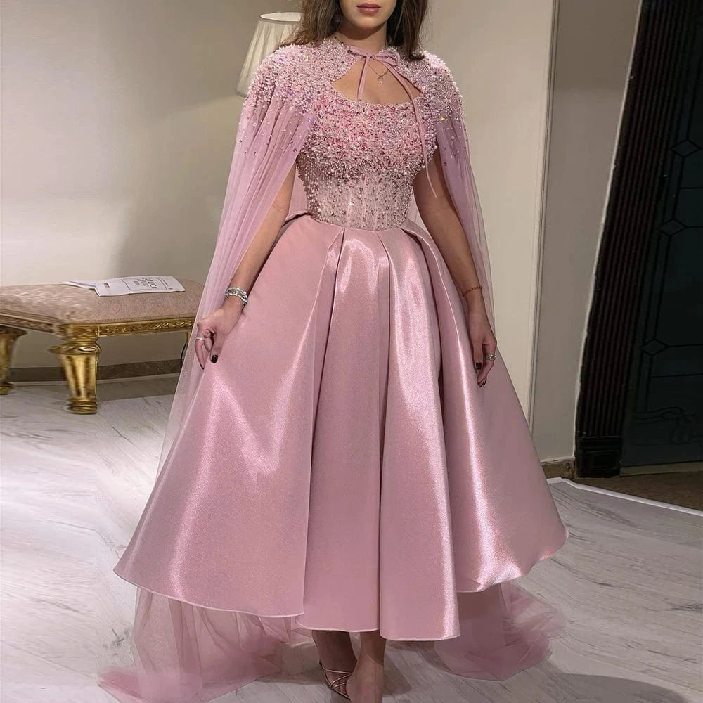 4 / 1 Luxury Dubai Blush Pink Arabic Evening Dress With Cape 2023 Ankle Length Short Midi Women Wedding Party Dress Scz138-2