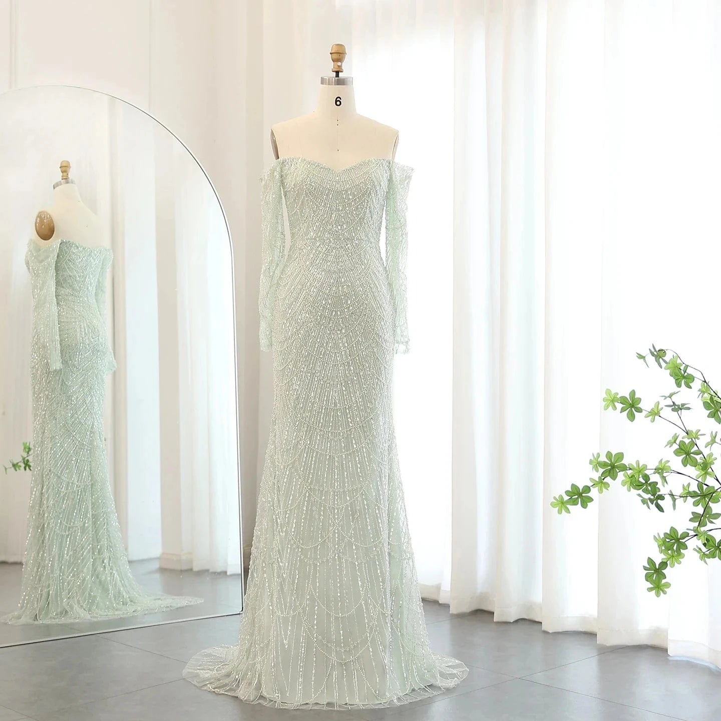 4 / 2 Elegant Off The Shoulder Mermaid Luxury Dubai Evening Dress 2024 For Women Wedding Party Gowns Long Sleeves Sz309