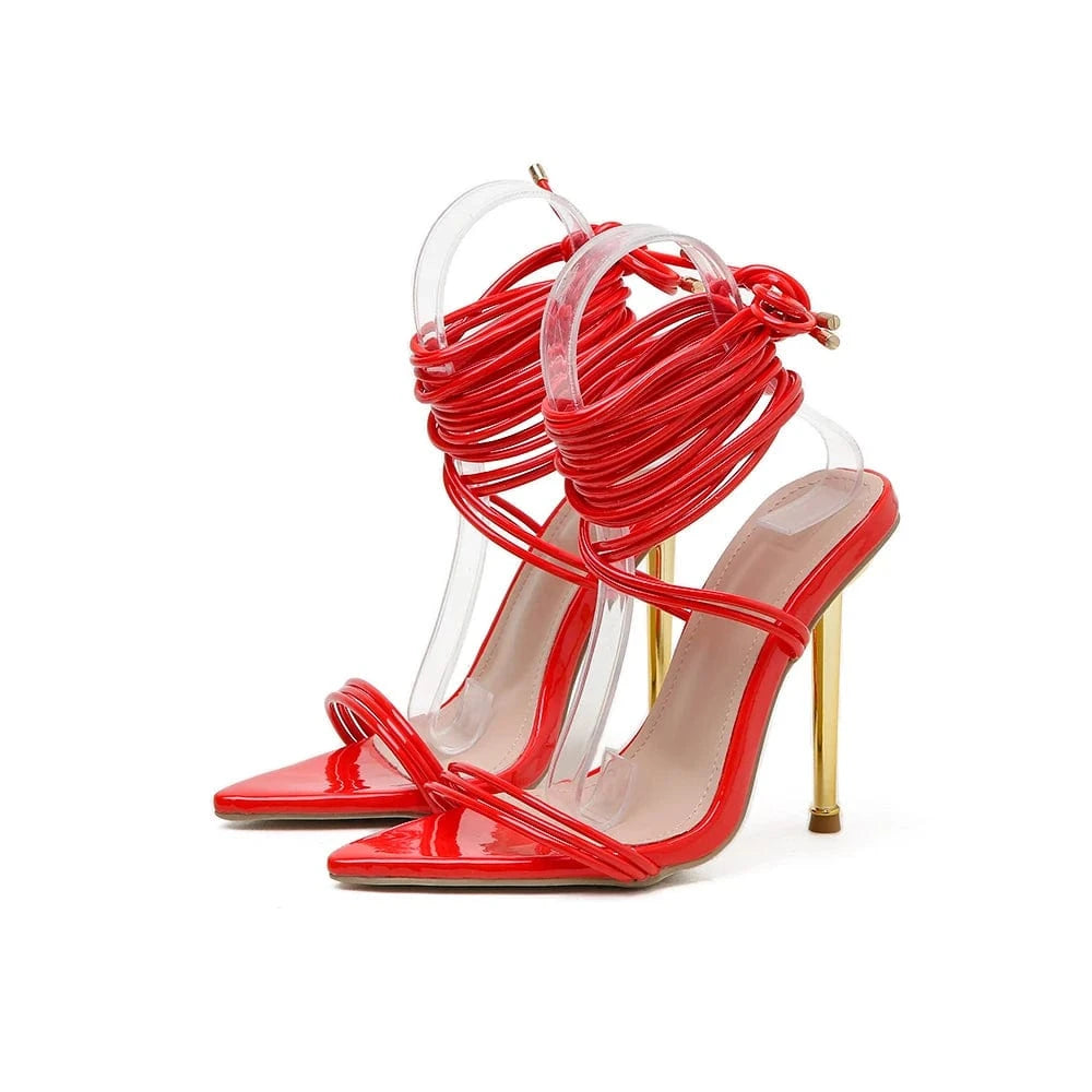 4 / 35 / Red heeled sandals fashionable women sandals lace up pointed toes luxury gold heels christmas shoes