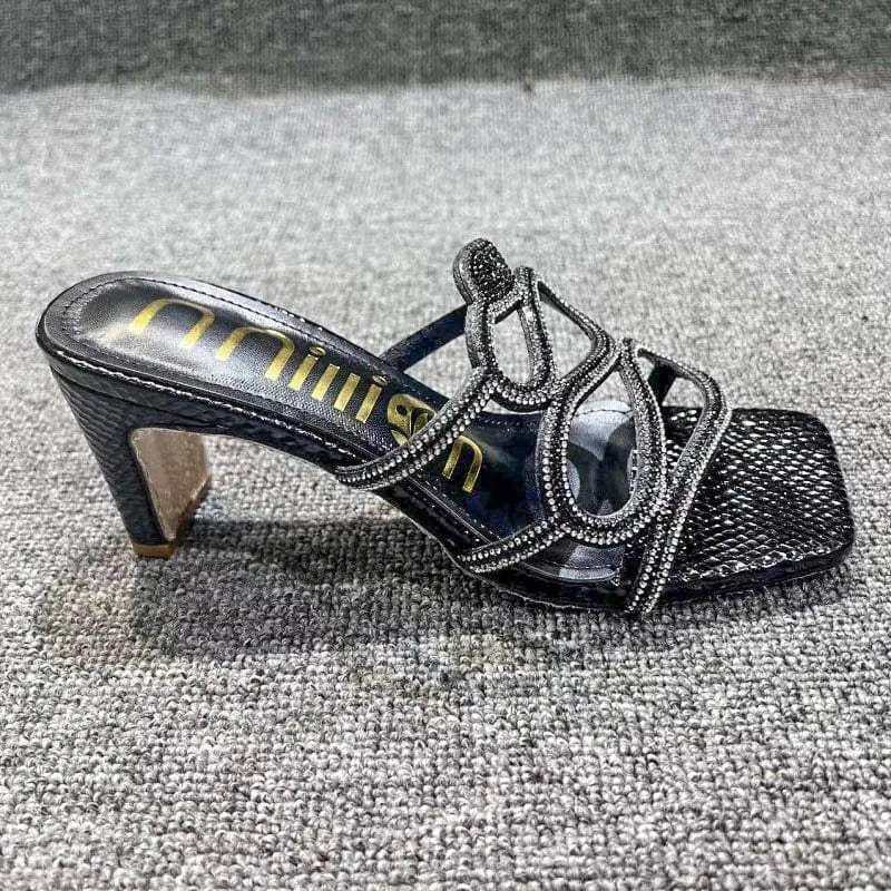 4.5 / Black BUSY GIRL YF4114 Hot pink sliver gold rhinestone snake shaped decor women slippers high heels for ladies sandals women shoes