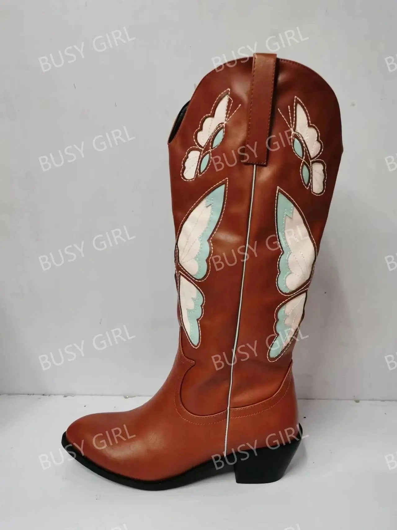 4.5 / Brown BUSY GIRL KK4031 Butterfly Embroidered Women's Boots Fashion Mid Heels Size 48 Pointed Toe Knee High Cowboy Boots For Wome