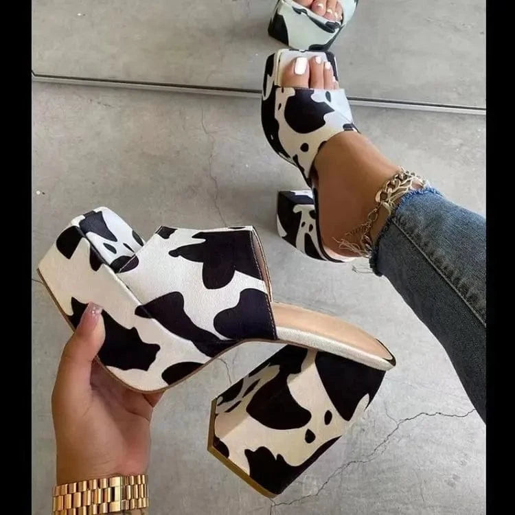 4.5 / Cow Pattern BUSY GIRL LG1087 Heeled Sandals For Ladies Women 2023 Block Square Heels Slippers For Ladies Platform Heels