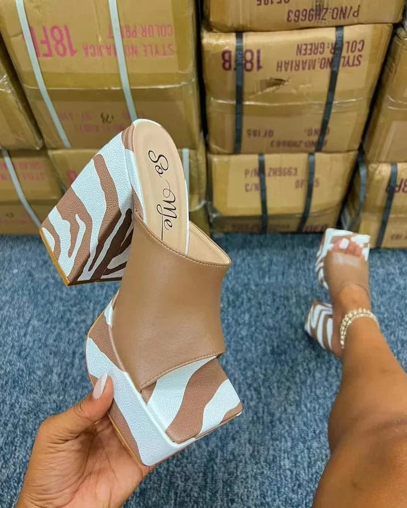 4.5 / Khaki BUSY GIRL LG1087 Heeled Sandals For Ladies Women 2023 Block Square Heels Slippers For Ladies Platform Heels