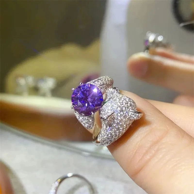 4.5 / Sterling Silver Ring / 2ct purple moissanite Etsy High Quality Hiphop Jewelry S925 Sterling Silver 2 Carat Green Colored Moissanite Leopard Head Diamond Adjustable Ring Women