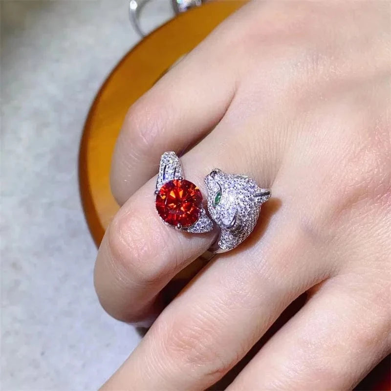 4.5 / Sterling Silver Ring / 2ct red moissanite Etsy High Quality Hiphop Jewelry S925 Sterling Silver 2 Carat Green Colored Moissanite Leopard Head Diamond Adjustable Ring Women