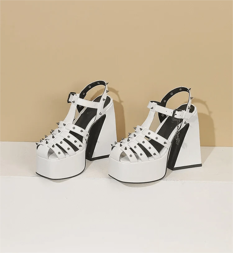 4.5 / White BUSY GIRL SL4935 pink white rivet women sandals chaussures pour femmes gothic shoes thick heels for ladies platform sandals