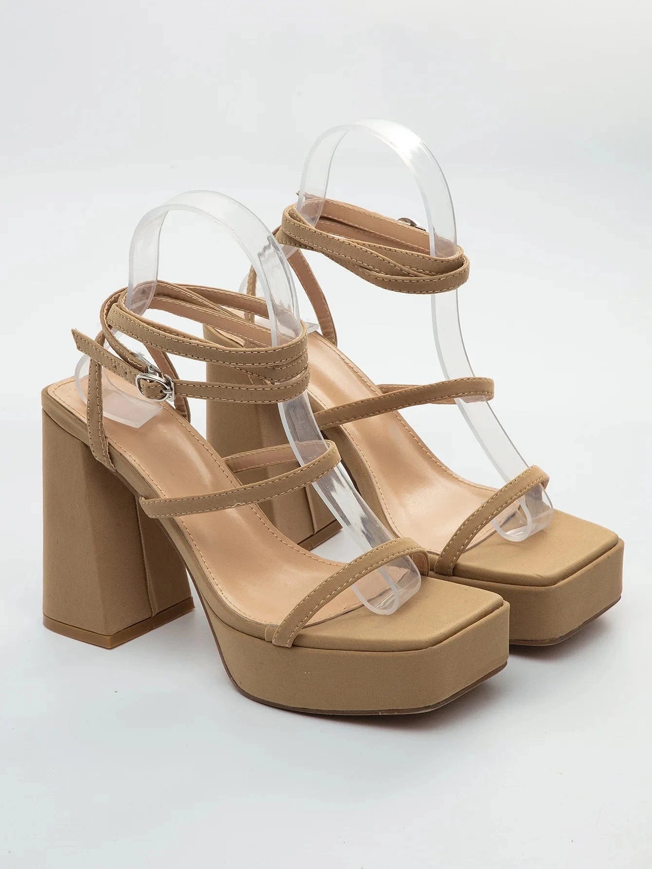 4 / Beige BUSY GIRL XSD3035 Designer Women Heels Square Toe Ankle Strap Sexy Solid Color Large Size Platform Chunky High Heeled Sandals