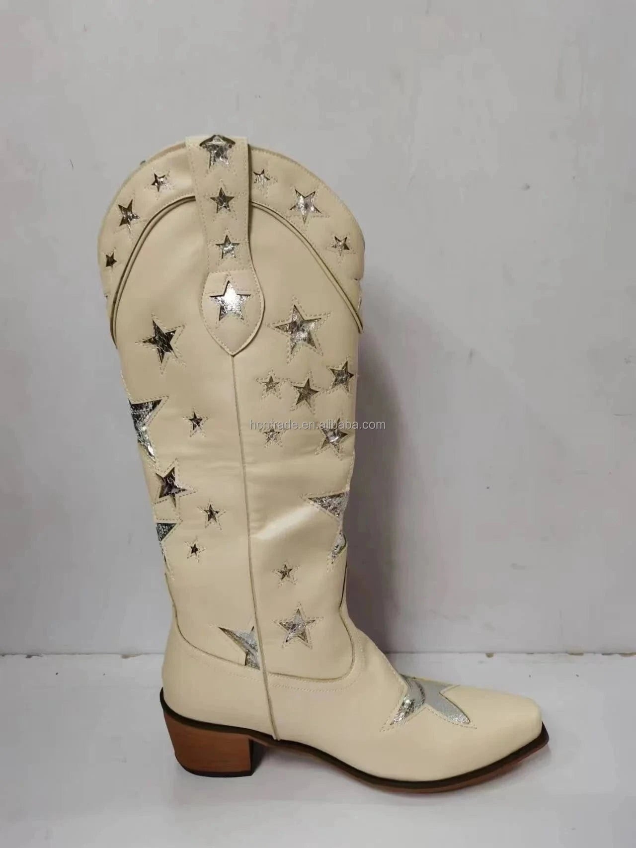 4 / Beige BUSY GIRL XY4068 Cowboy Boots Women Black Leather White Star Ladies heels Botas Shoes Slip On Rider Boots Knee High Boots