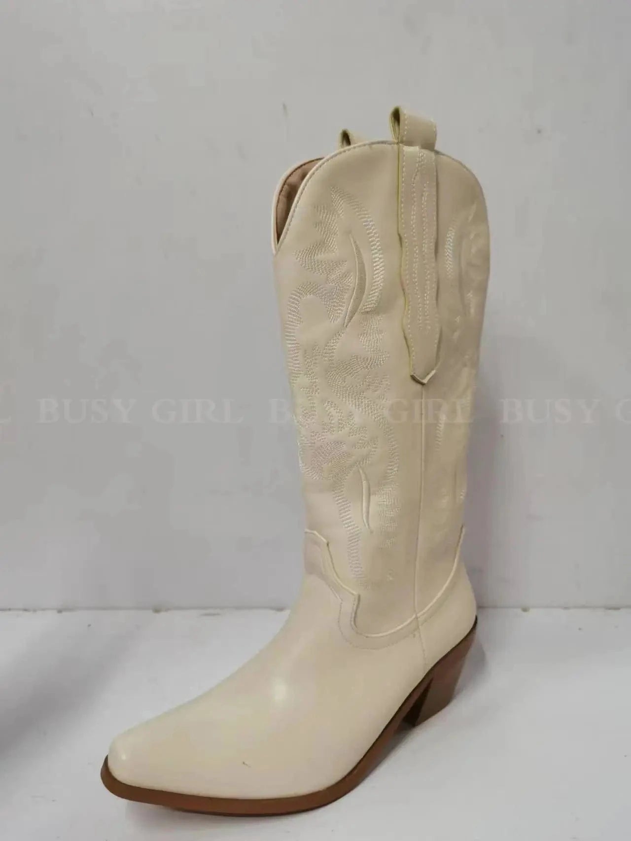 4 / Beige BUSY GIRL XY4778 Knee High Boots Ladies Big Size Women Shoes Block Heels Fashion Embroidery Western Cowboy Boots For Women