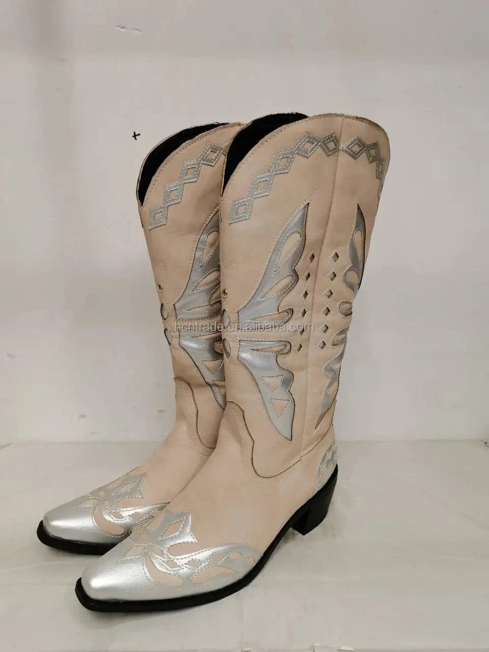 4 / Beige BUSY GIRL XY4929 Red stitching white leather women boots custom size 43 thick heels ladies cowboy boots ladies knee high boots