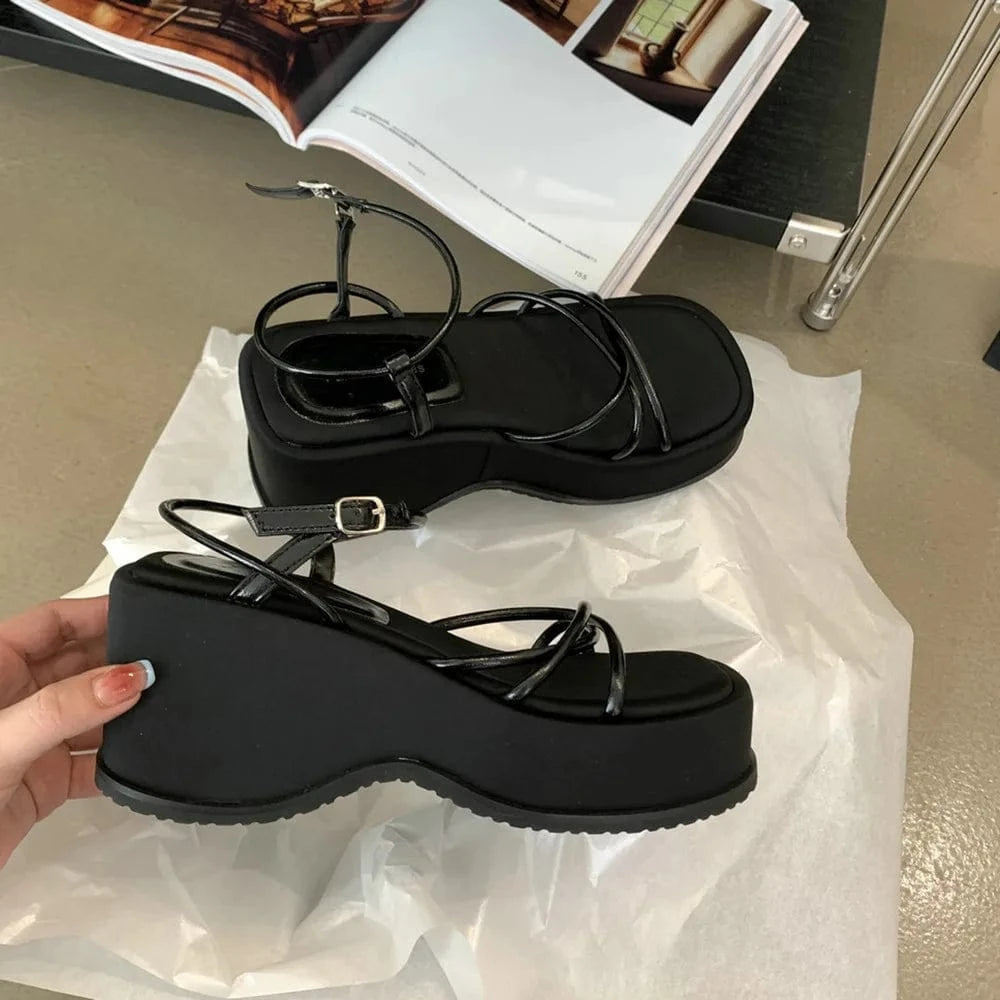 4 / Black BUSY GIRL XG4405 New arrival custom women sandals 2024 fashion trendy wedge heel causal sandals summer sandals for ladies