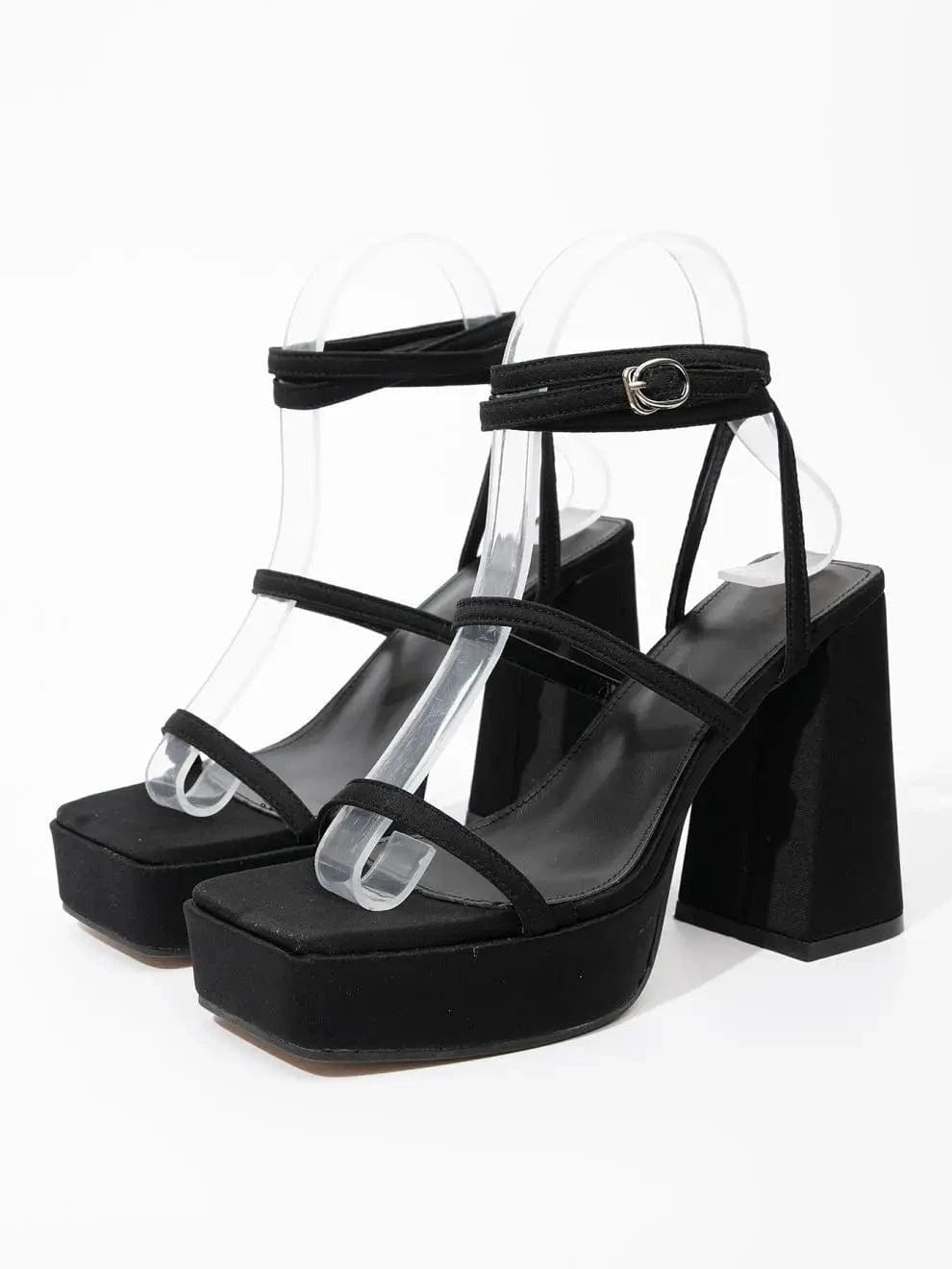 4 / Black BUSY GIRL XSD3035 Designer Women Heels Square Toe Ankle Strap Sexy Solid Color Large Size Platform Chunky High Heeled Sandals