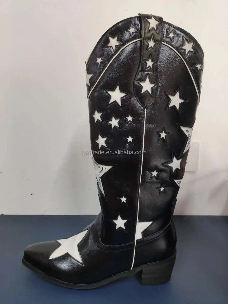 4 / Black BUSY GIRL XY4068 Cowboy Boots Women Black Leather White Star Ladies heels Botas Shoes Slip On Rider Boots Knee High Boots