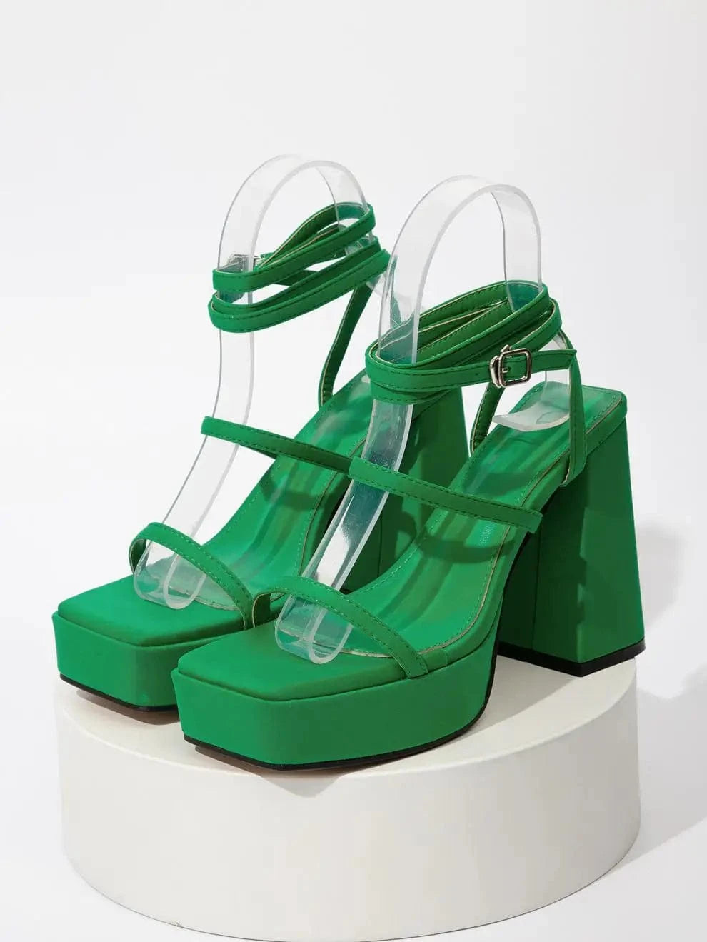 4 / Green BUSY GIRL XSD3035 Designer Women Heels Square Toe Ankle Strap Sexy Solid Color Large Size Platform Chunky High Heeled Sandals