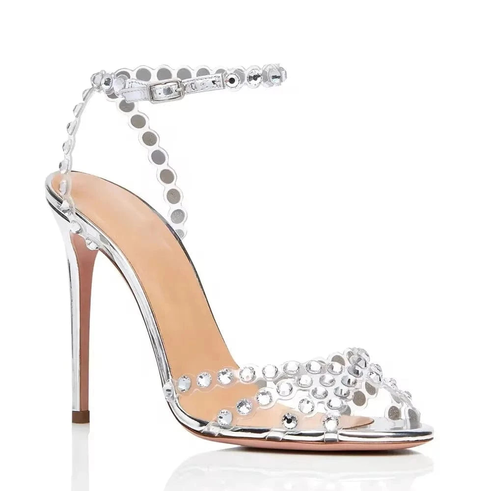 4 inch Crystal Sandals Clear Strap Gold Bridesmaids Rhinestone Luxury Stiletto Heels For Women Shoes