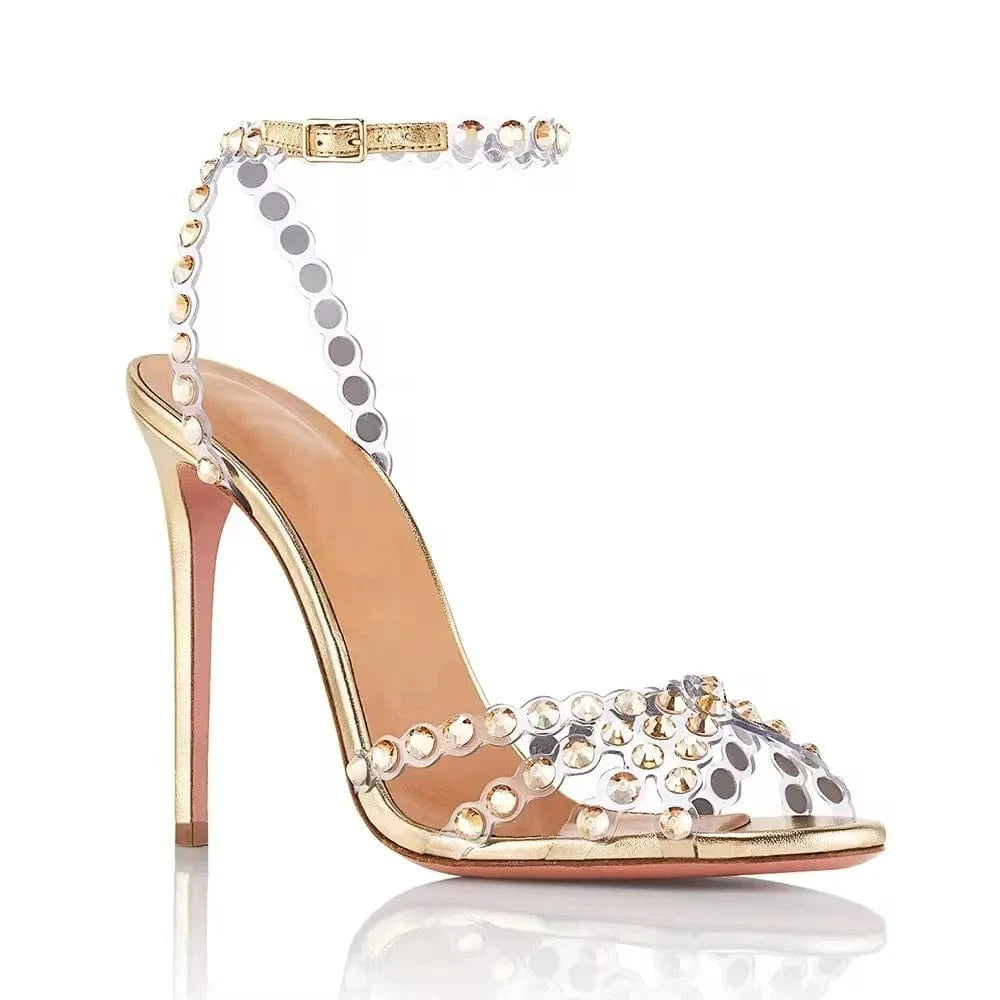 4 inch Crystal Sandals Clear Strap Gold Bridesmaids Rhinestone Luxury Stiletto Heels For Women Shoes
